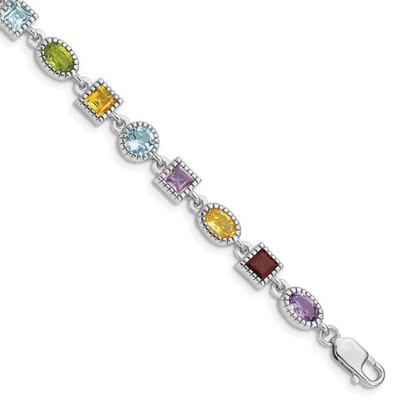 Kazi Luxury Sterling Silver 7inch Rhod Plated Rainbow Multi-gemstone Bracelet